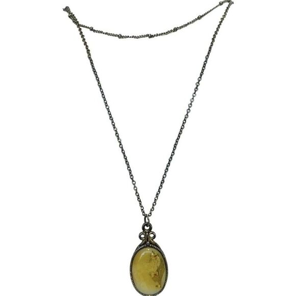 Vintage Yellow Flower Mother Of Pearl Oval Pendant 2 Tier Chain Necklace 21” - Picture 6 of 11